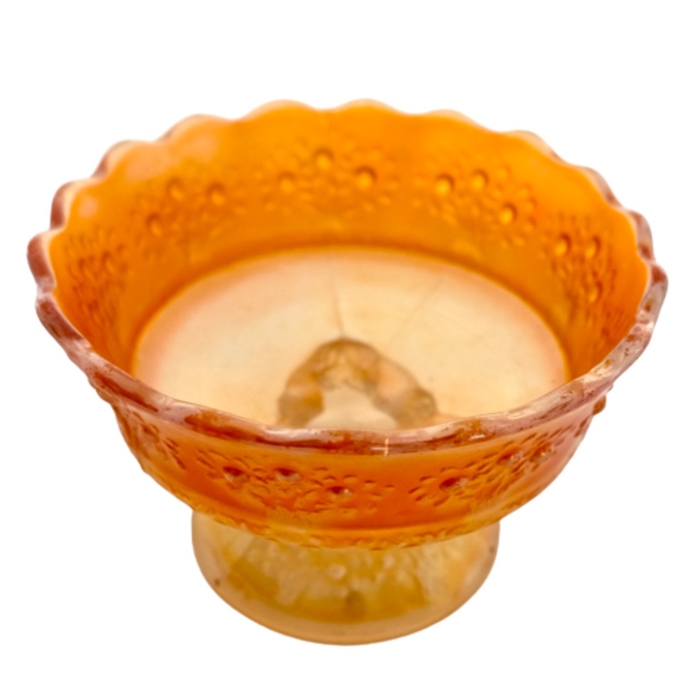 ANTIQUE FENTON~Marigold Carnival Glass SMALL COMPOTE FOOTED BOWL~ORANGE TREE